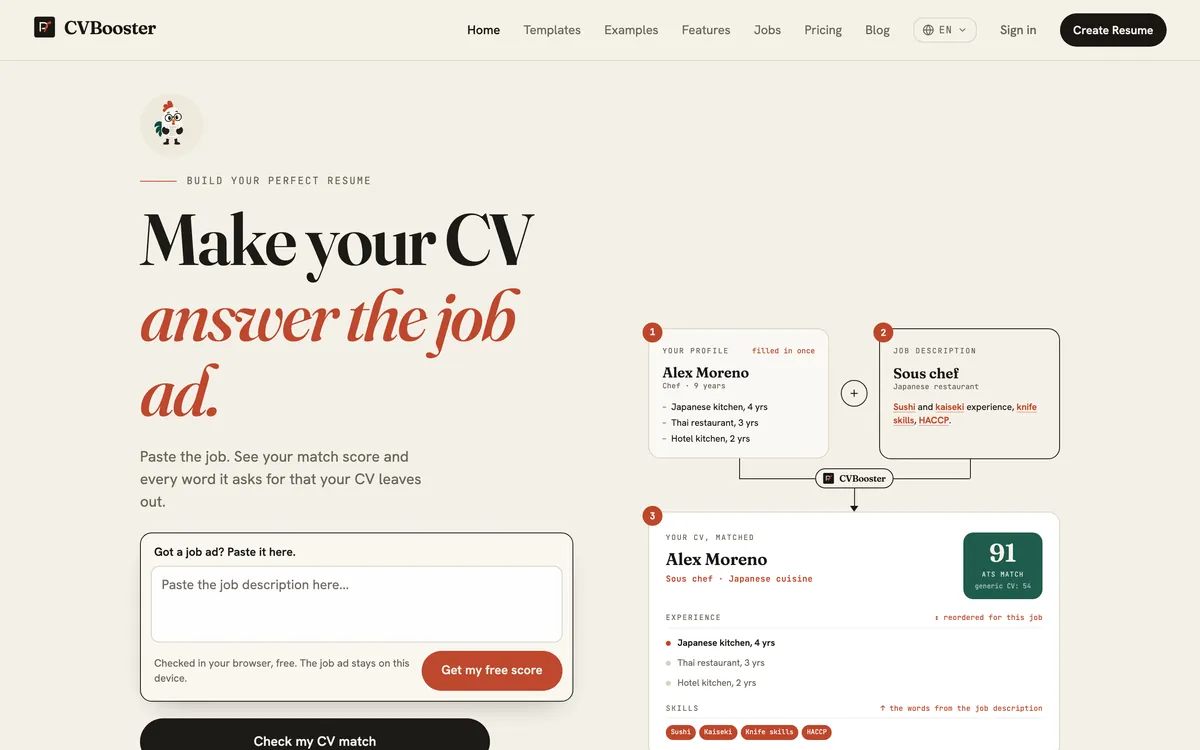 The cvbooster.ai home page: paste a job ad and get a match score for your CV