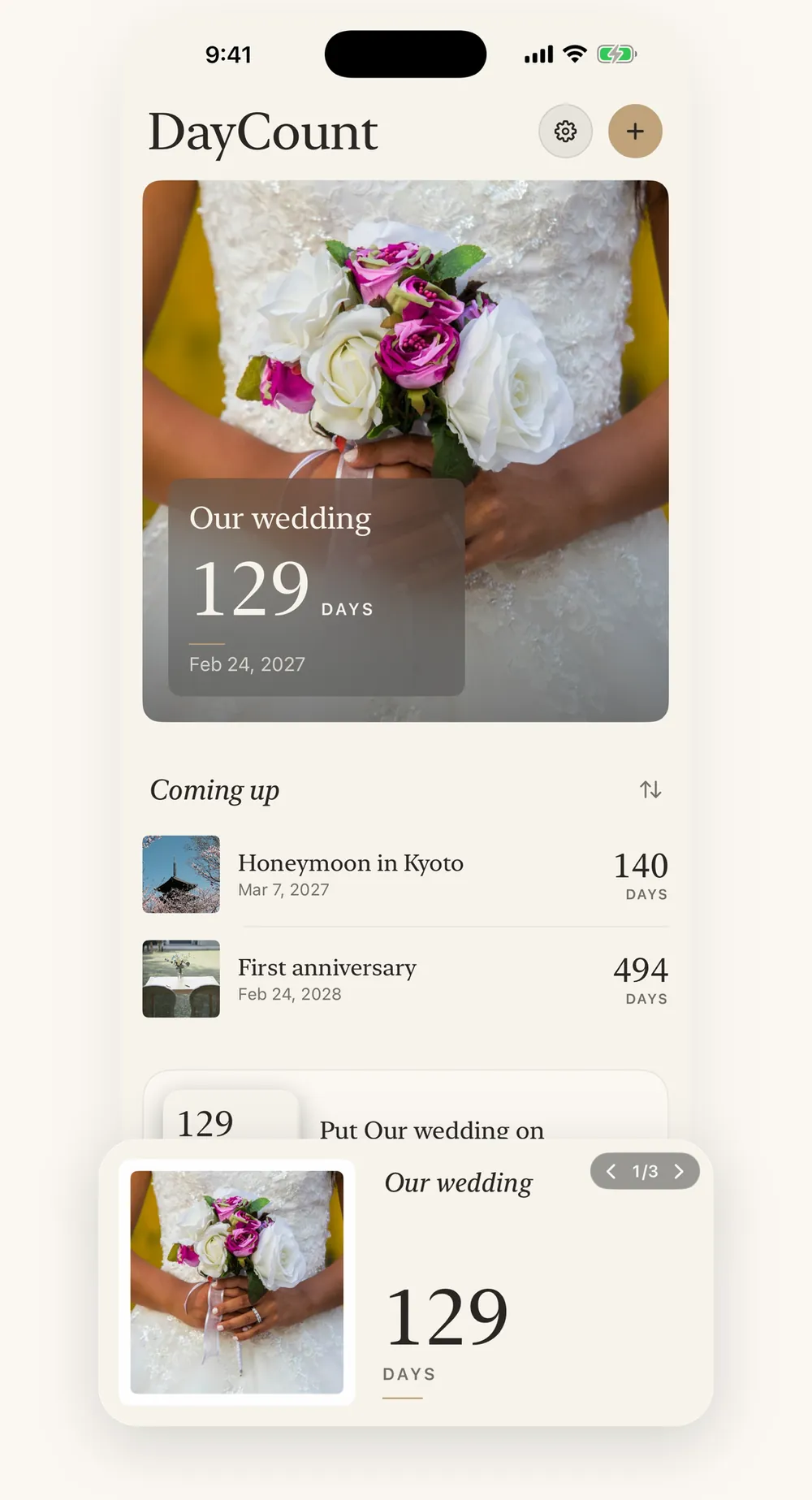 DayCount on iPhone: a wedding countdown with its Home Screen widget