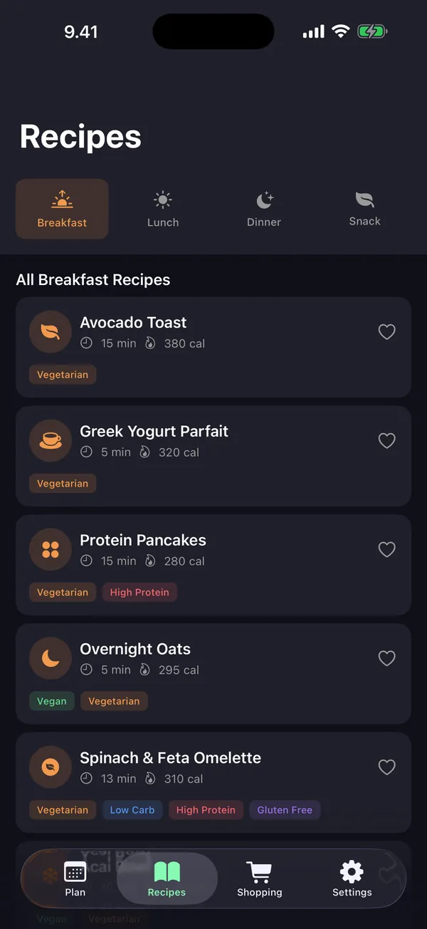 Meal Planner on iPhone, second screen
