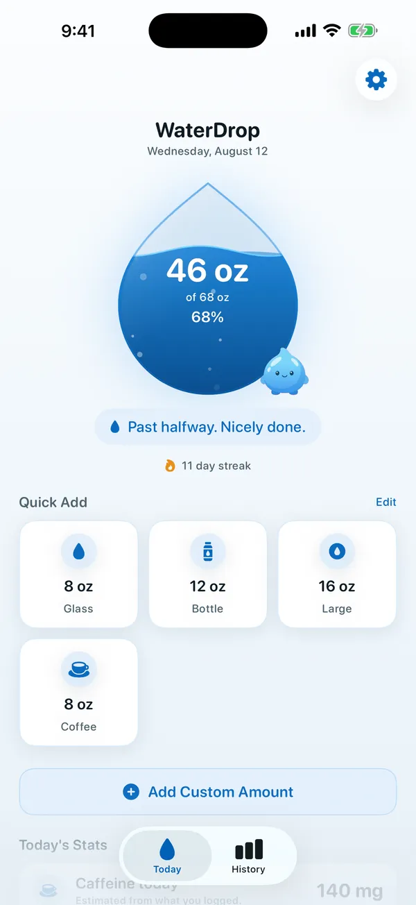 WaterDrop on iPhone, main screen