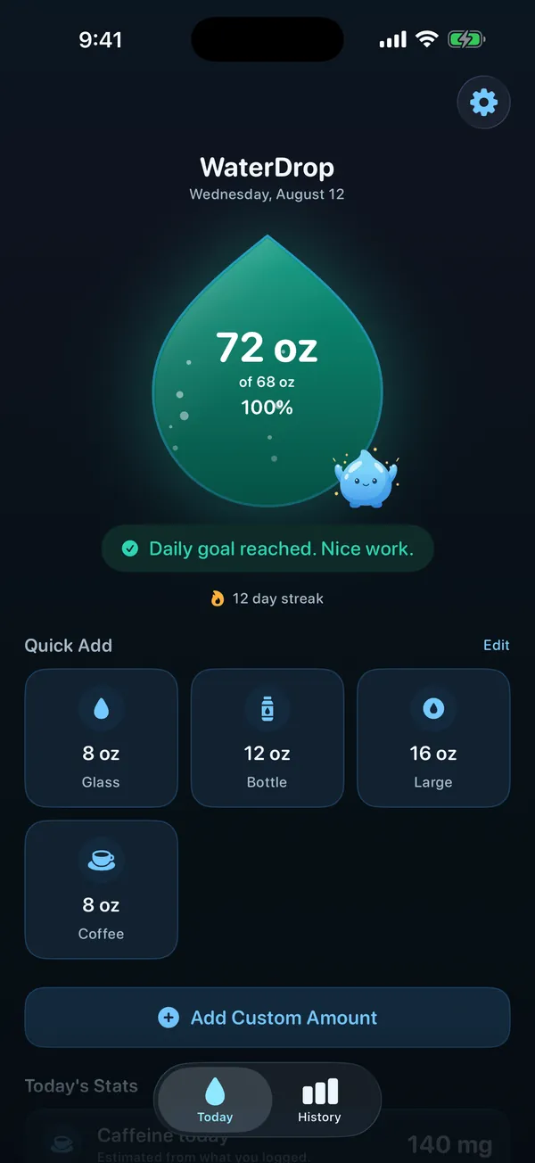WaterDrop on iPhone, second screen